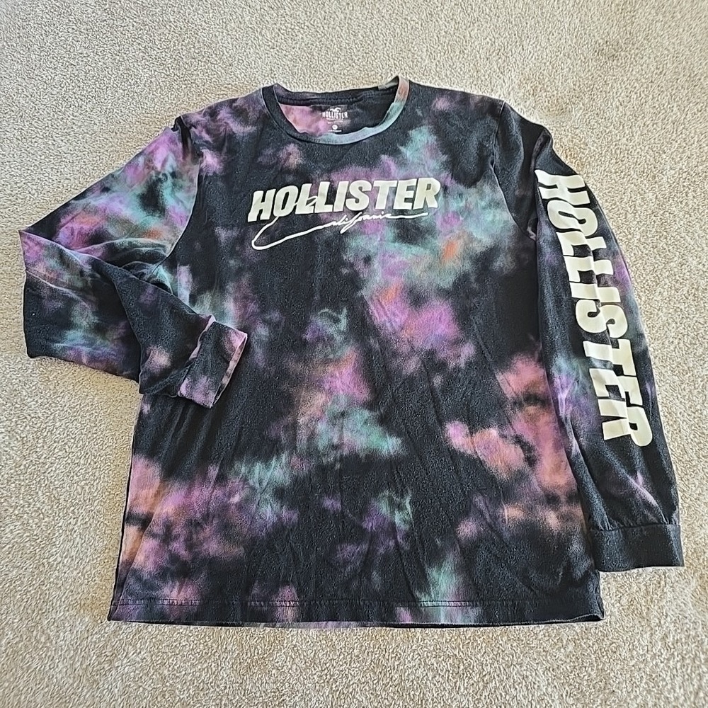 Hollister Shirt Men's XL Black Tye Dye Crew Neck Graphic Long Sleeve Shirt Y2K